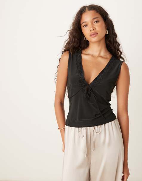ASOS DESIGN lace trim top in black - view 1