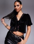 [ASOS DESIGN] ASOS DESIGN lace trim velvet tie front puff sleeve blouse in black S Black