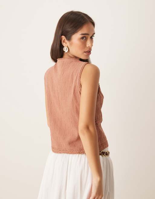 ASOS DESIGN lace trim vest in brown, 3 of 4