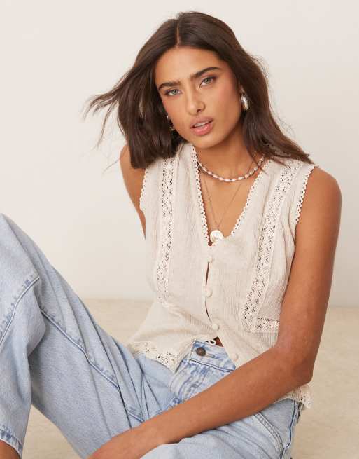 ASOS DESIGN lace trim vest in cream