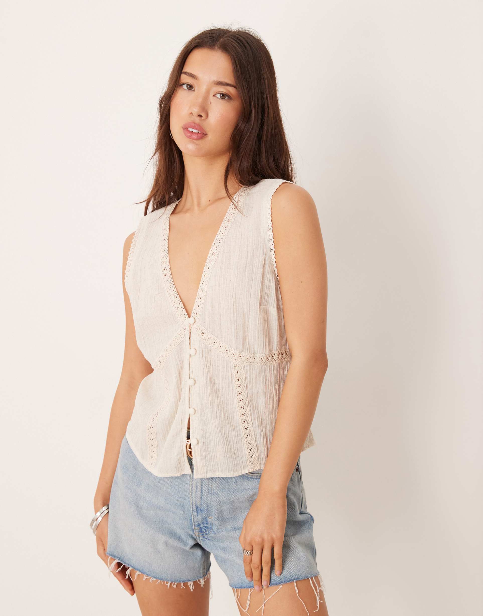 asos design lace trim vest in cream