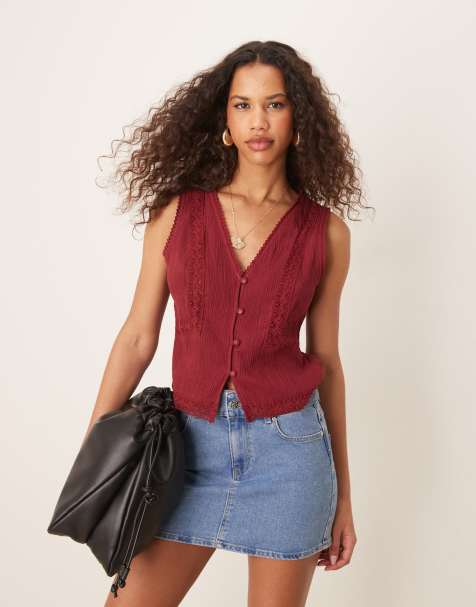 ASOS DESIGN lace trim vest in dark red - view 1