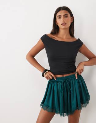 Asos Design Lace Trim Volume Satin Shorts In White