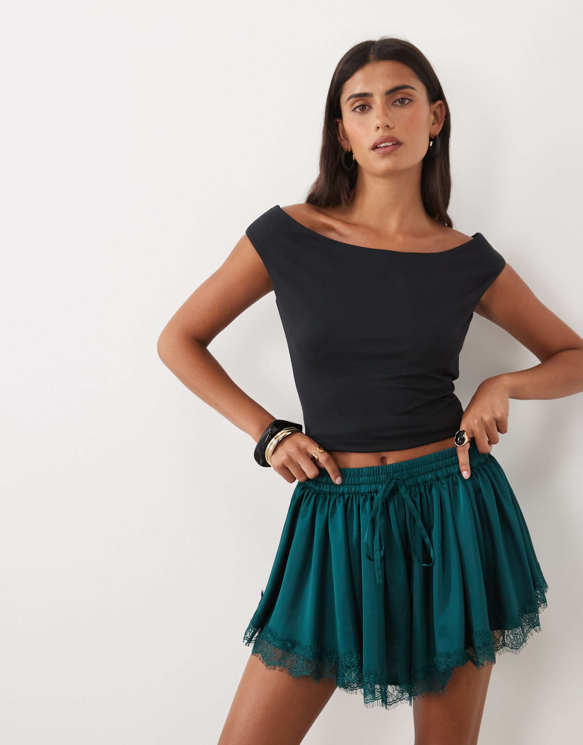 asos design lace trim volume satin shorts in dark green