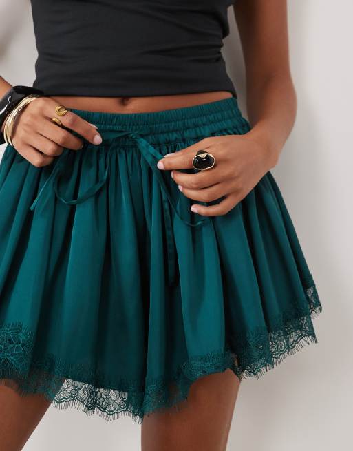 ASOS DESIGN lace trim volume satin shorts in dark green, 5 of 5