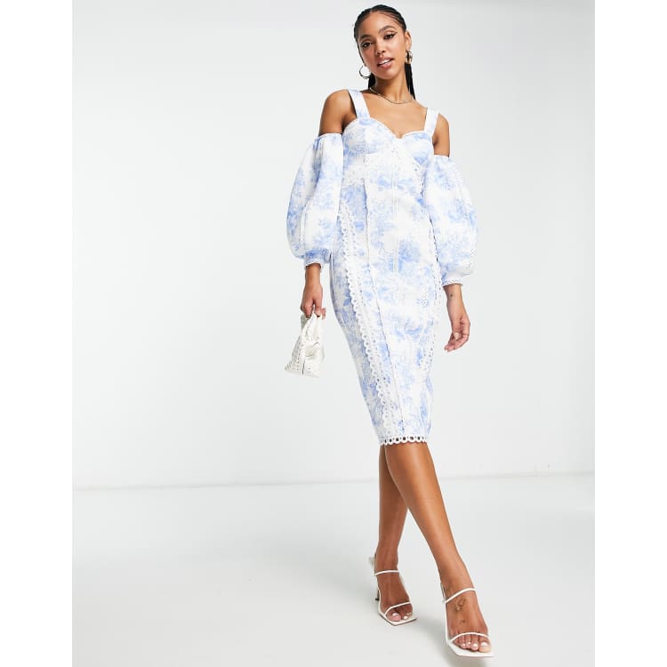 ASOS DESIGN lace trim volume sleeve midi dress in toile de jouy print