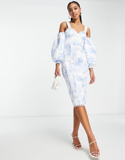 ASOS DESIGN lace trim volume sleeve midi dress in toile de jouy ...