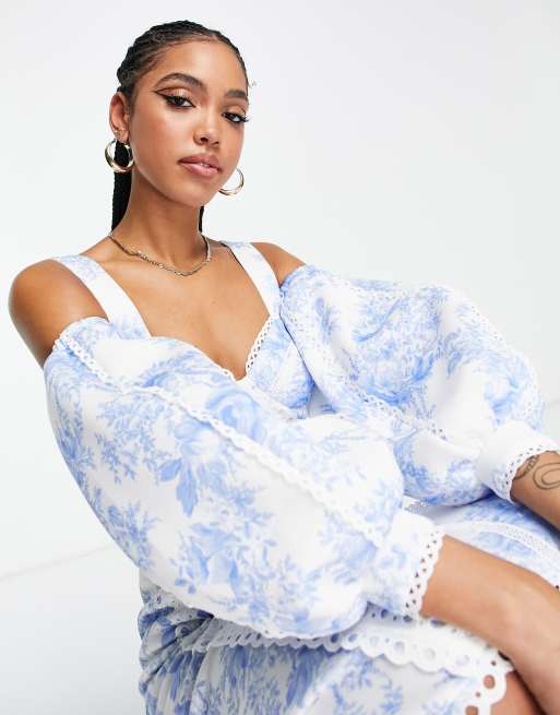 ASOS DESIGN lace trim volume sleeve midi dress in toile de jouy