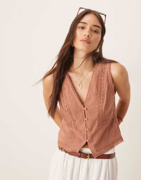 ASOS DESIGN lace trim waistcoat in brown - view 1