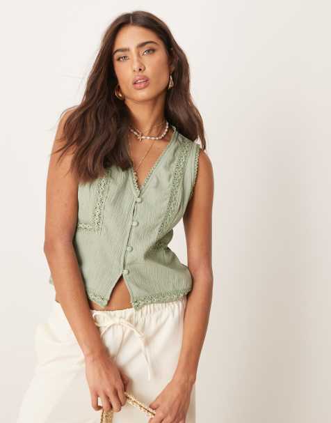 ASOS DESIGN lace trim waistcoat in sage - view 1
