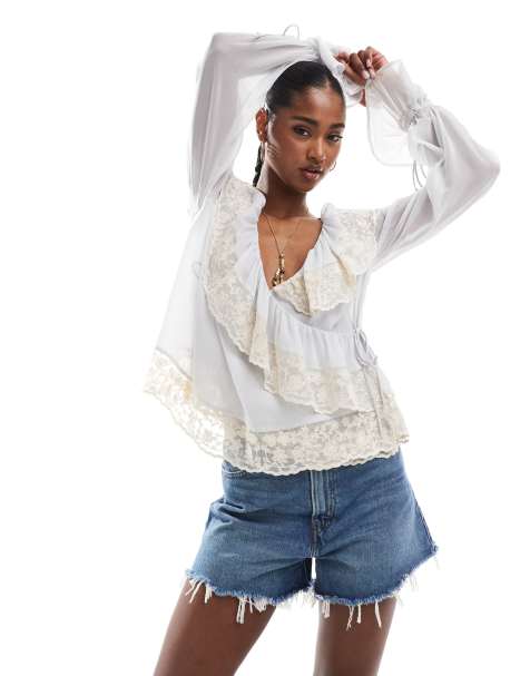 ASOS DESIGN lace trim wrap over sheer top in light blue - view 1