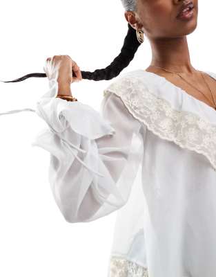 Asos Design Lace Trim Wrap Over Sheer Top In White