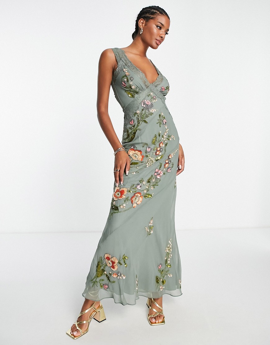 ASOS DESIGN lace trimmed maxi dress with floral embellishment-Gray
