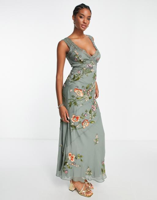 Asos green store floral maxi dress