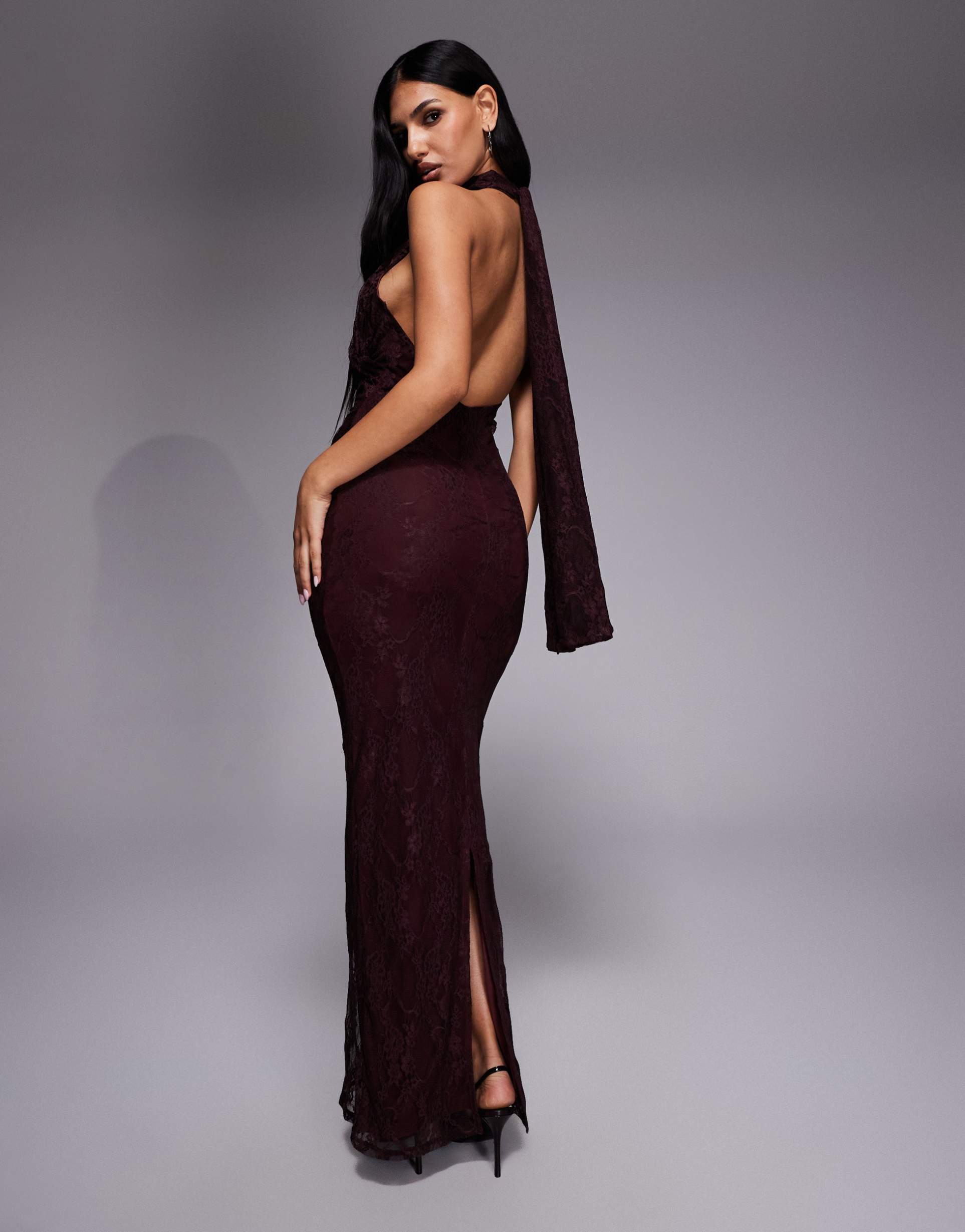asos design lace twist bust halter open back maxi dress in chocolate