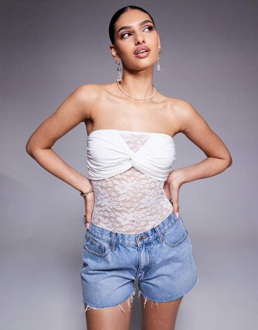 ASOS DESIGN lace twist detail bandeau bodysuit in white - WHITE