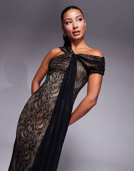 off the shoulder going out dress Elegant Elena Maxi Dress in Black