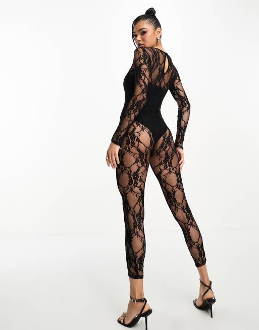 THE ALL NIGHT PARTY  Lace bodysuit outfit, Wide leg lace jumpsuit, Black  lace bodysuit