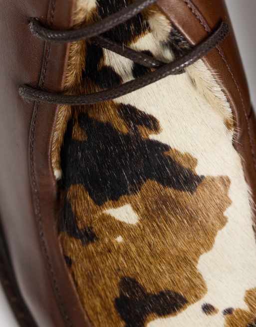 ASOS DESIGN lace up apron shoes with cleated sole in cow print and brown leather, 3 of 4