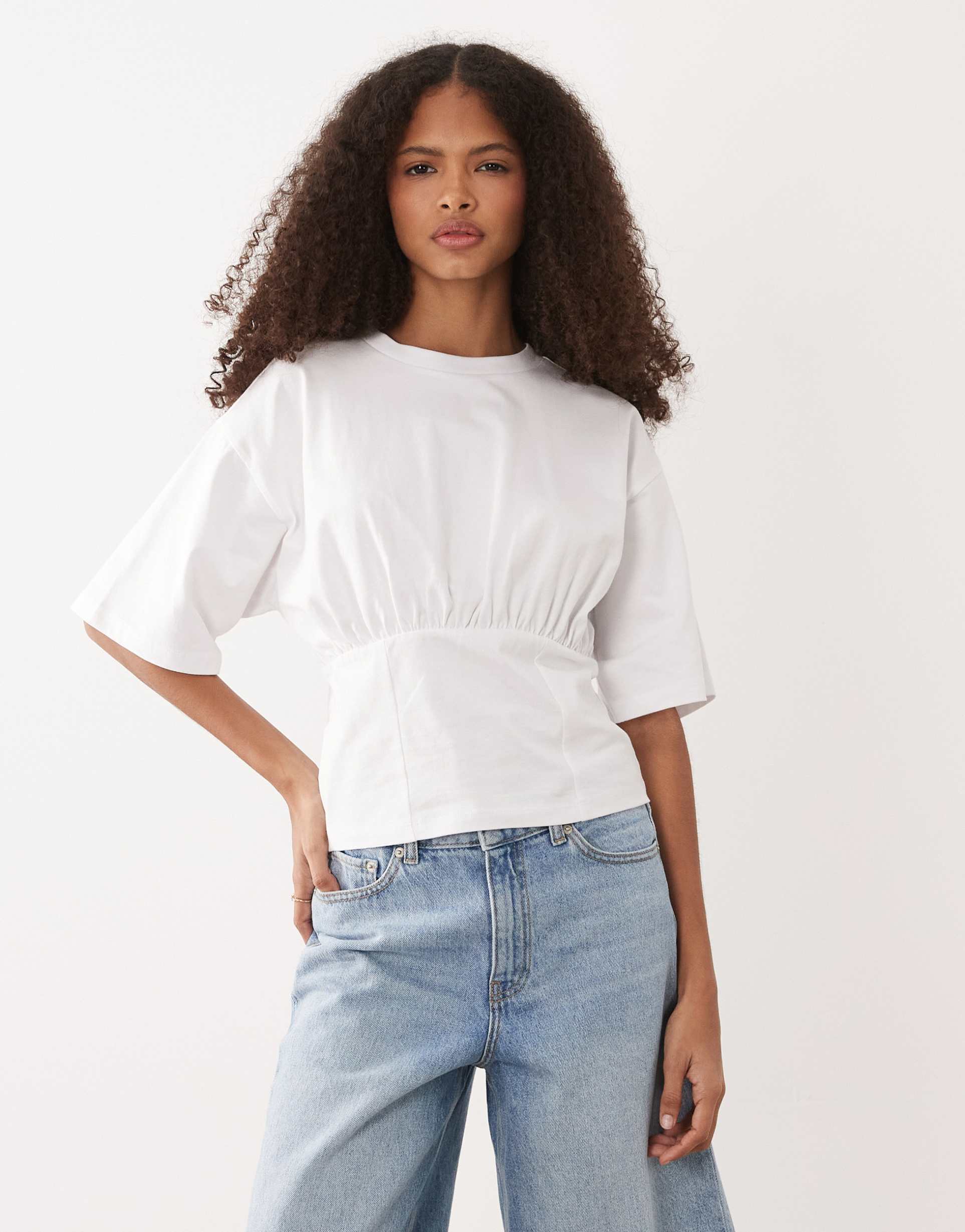 asos design lace up back cinched waist t-shirt in white