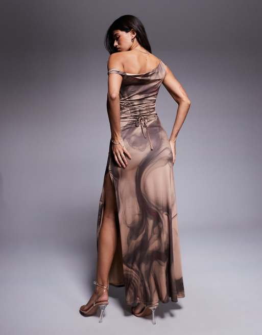 ASOS DESIGN lace up back maxi dress in brown swirl print