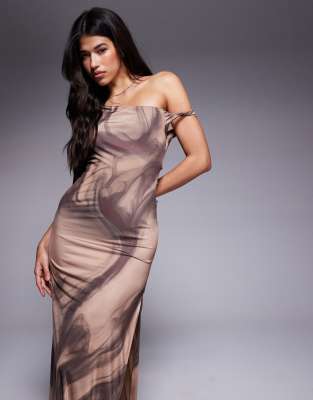 ASOS DESIGN lace up back maxi dress in brown swirl print