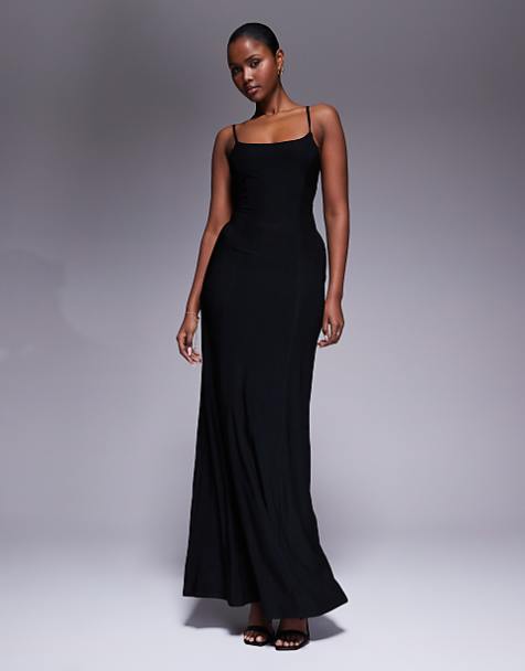 long black slip dress Lace Cut-out Silk high shine satin fabric Amber Satin Slip Evening Gown-