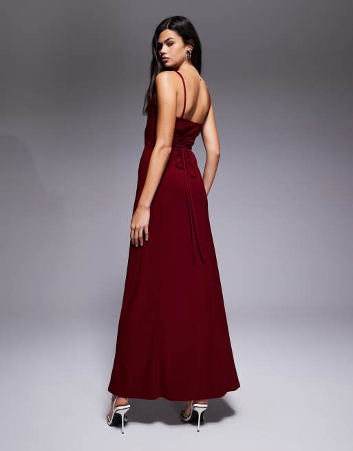 ASOS DESIGN lace up back maxi slip dress in burgundy