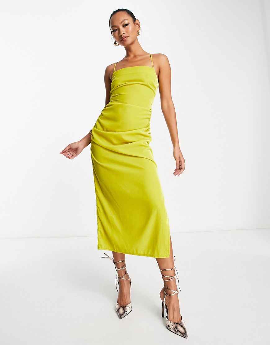 Asos Design Lace Up Back Midi Dress In Velvet In Mustard-yellow