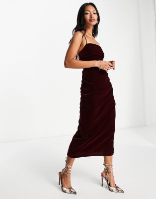 ASOS DESIGN lace up back midi dress in velvet in wine-Red