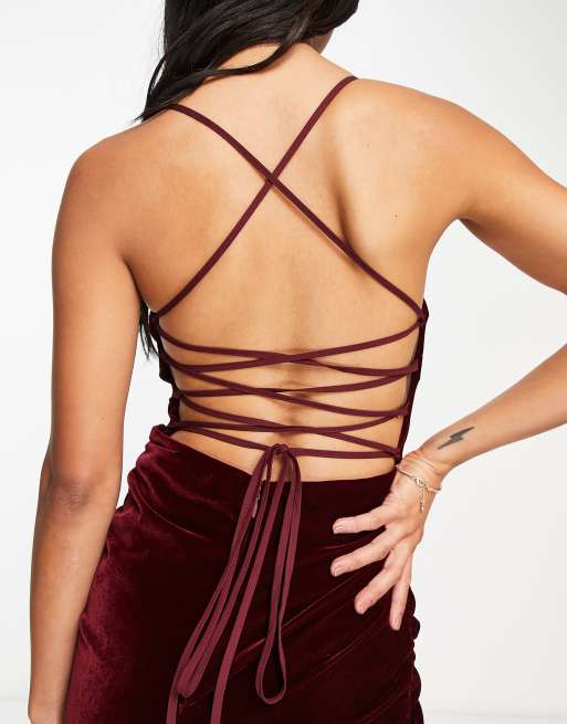 Wine Shine Velvet Maxi Dress With Open Criss Cross Back