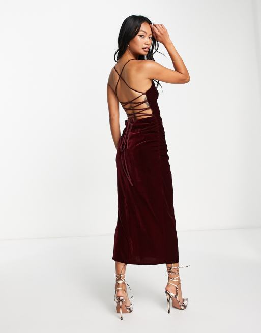 ASOS DESIGN lace up back midi dress in velvet in wine