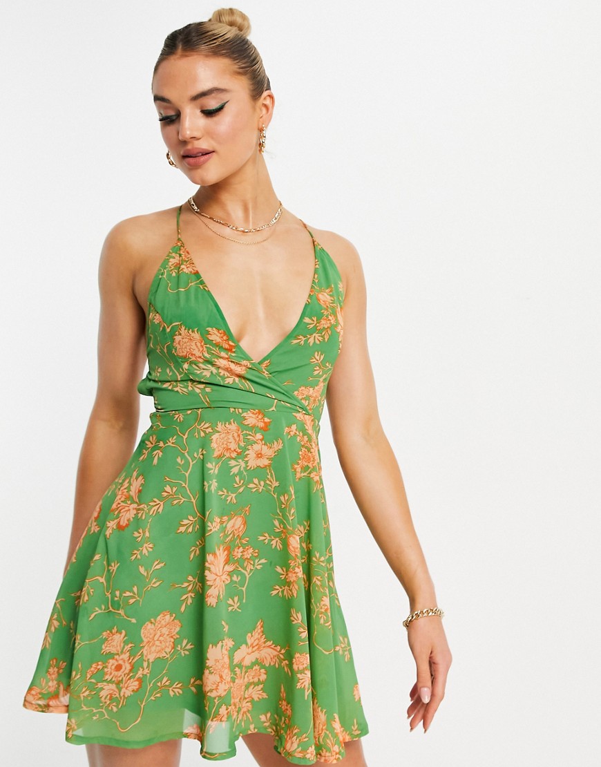 ASOS DESIGN lace up back mini dress in green print-Multi