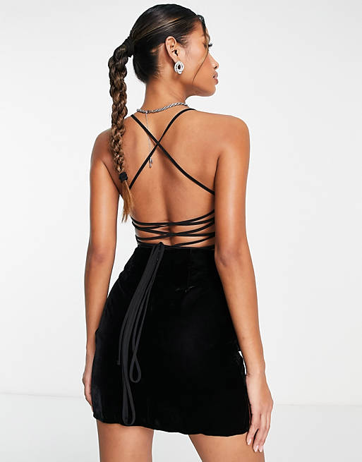 ASOS DESIGN lace up back mini dress in velvet in black