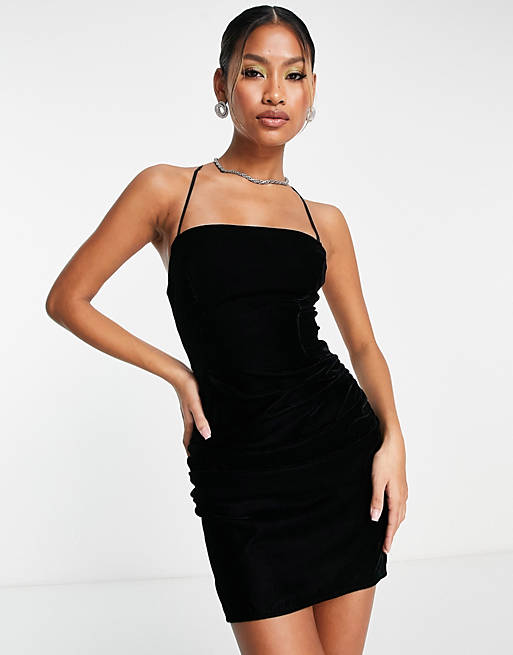 ASOS DESIGN lace up back mini dress in velvet in black