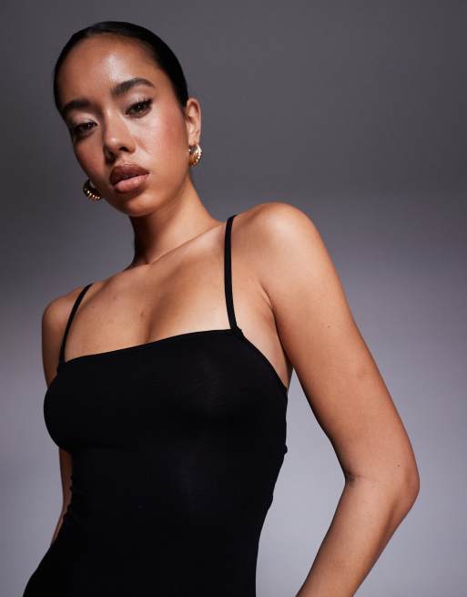 ASOS DESIGN lace-up back strappy cami maxi dress with ruffle hem in black, 2 of 4