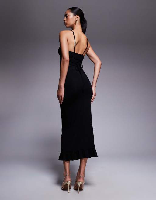 ASOS DESIGN lace-up back strappy cami maxi dress with ruffle hem in black, 4 of 4