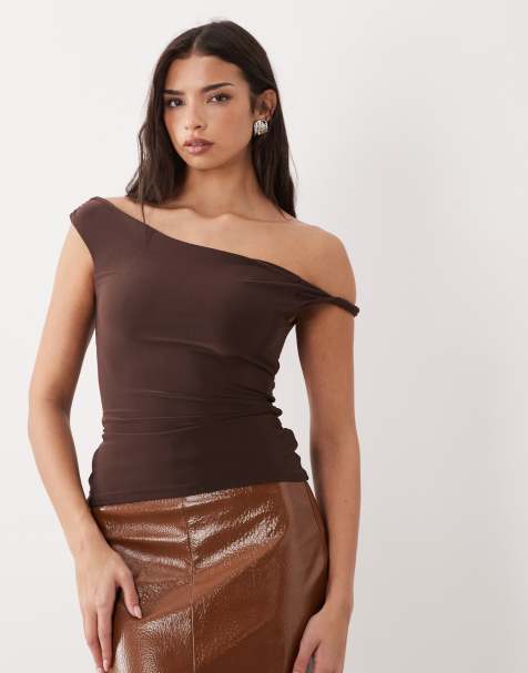 ASOS DESIGN lace up back twist shoulder top in chocolate - view 1