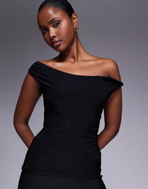 ASOS DESIGN lace up back twisted shoulder top in black - view 1