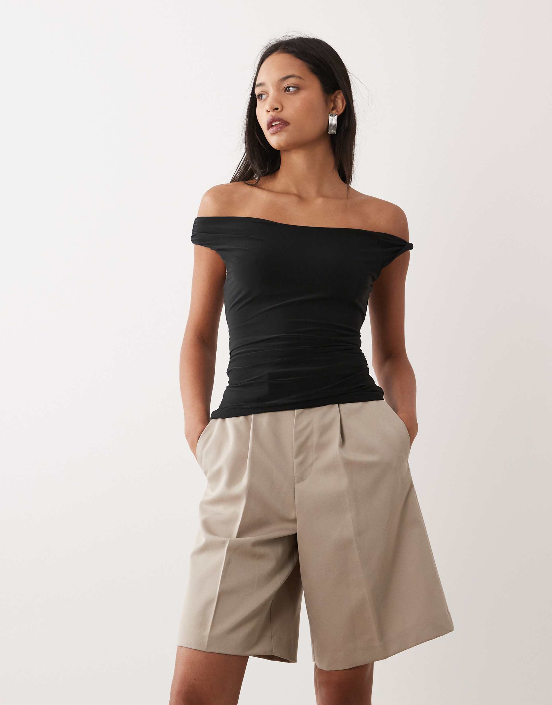 asos design lace up back twisted shoulder top in black