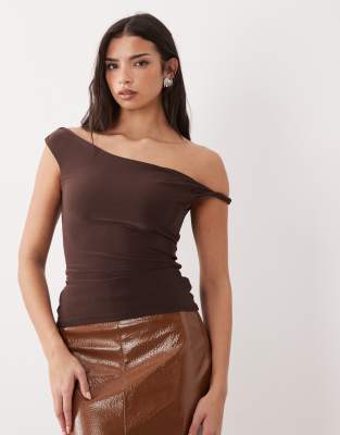 Asos Design Lace Up Back Twisted Shoulder Top In Brown