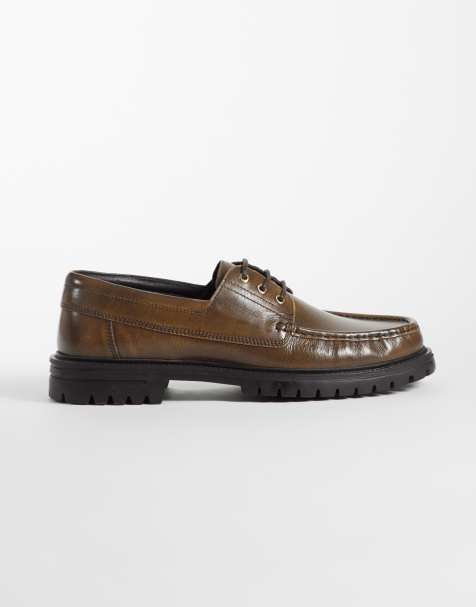 ASOS DESIGN lace up boat shoes with cleated sole in distressed brown leather - view 1