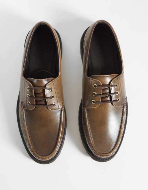 ASOS DESIGN lace up boat shoes with cleated sole in distressed brown leather, 3 of 4