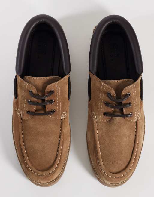 ASOS DESIGN lace up boat shoes with cleated soles in tan suede, 3 of 4