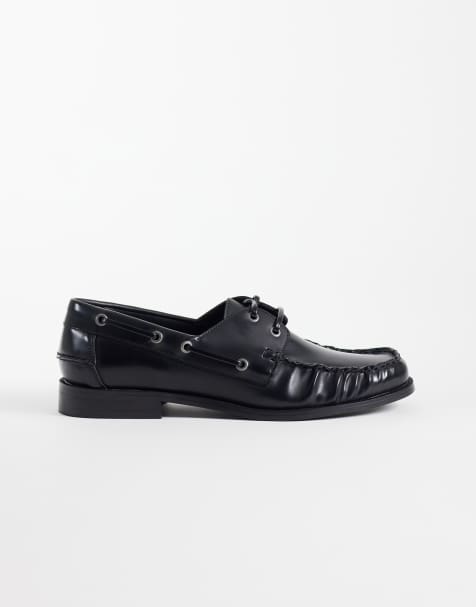 ASOS DESIGN lace up boat shoes with ruching in black polido - view 1