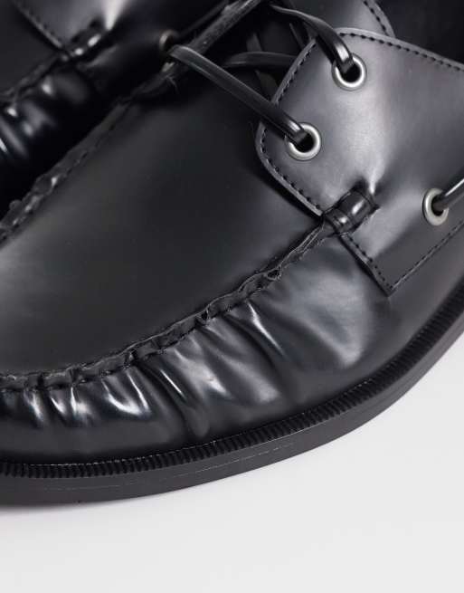 ASOS DESIGN lace up boat shoes with ruching in black polido, 3 of 4