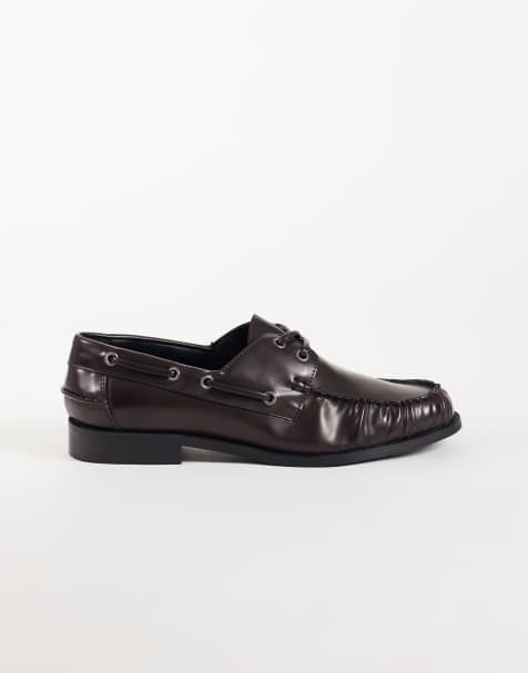 ASOS DESIGN lace up boat shoes with ruching in burgundy - view 1