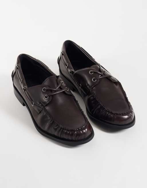 ASOS DESIGN lace up boat shoes with ruching in burgundy, 2 of 4