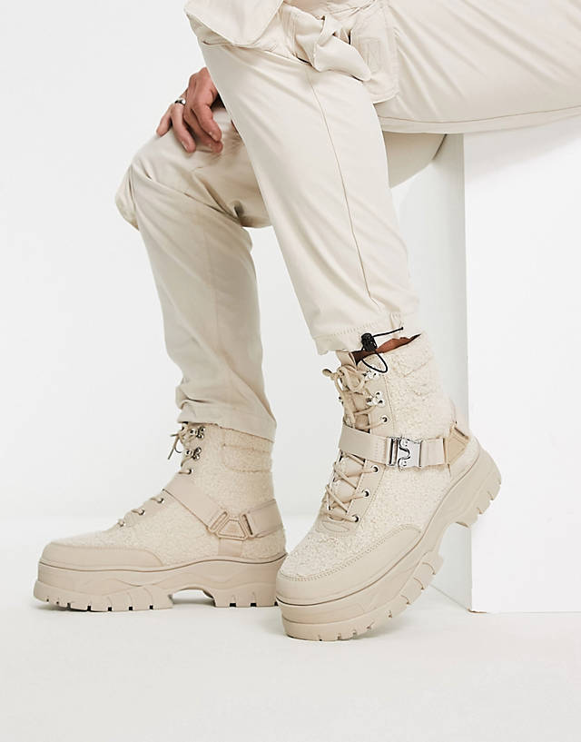 ASOS DESIGN - lace up boot in beige borg with strap detail on chunky sole