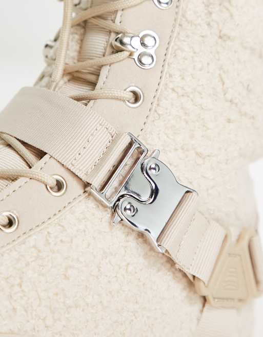 ASOS DESIGN lace up boot in beige borg with strap detail on chunky sole, 3 of 4